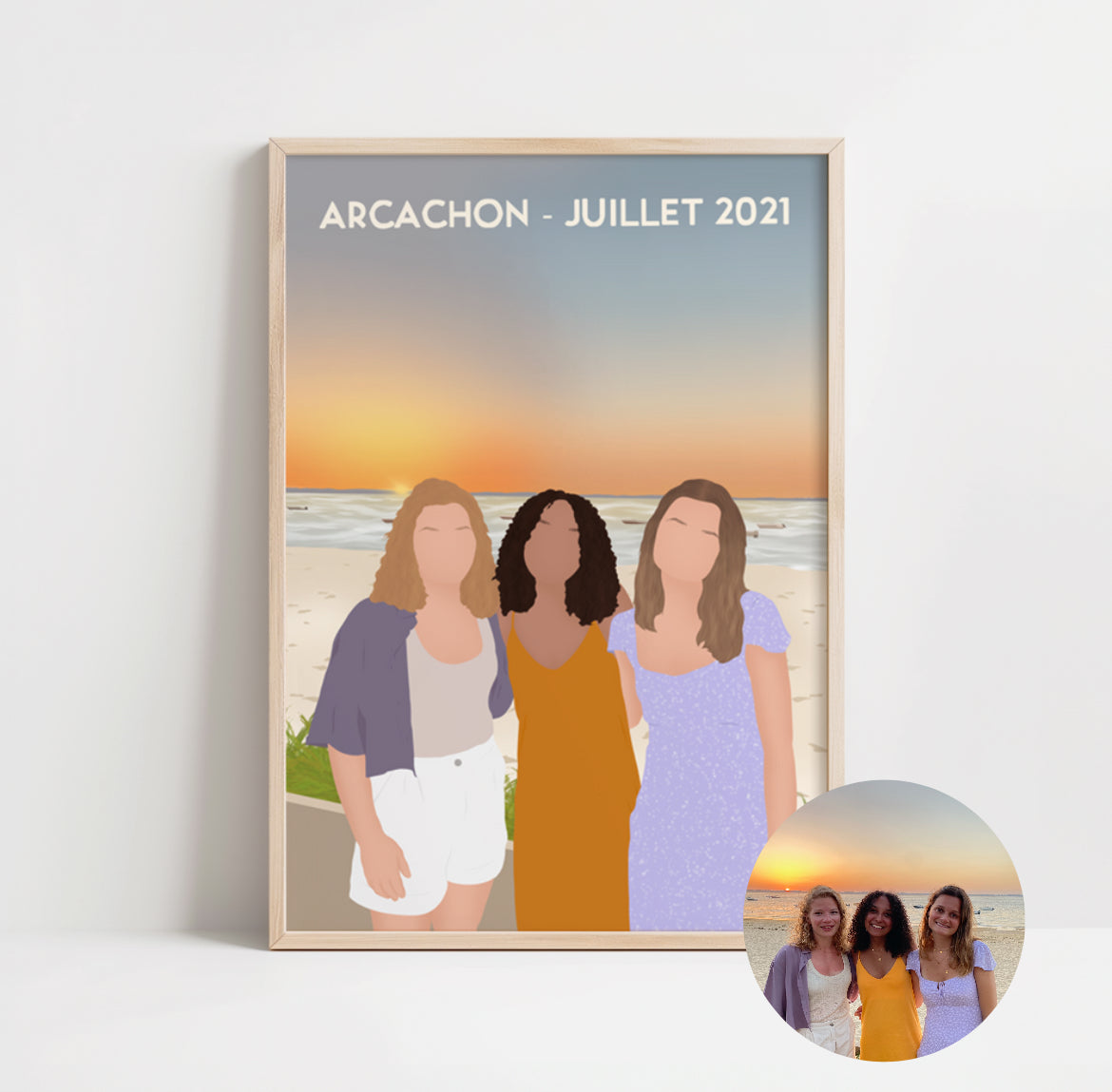 illustration personnalisée minimaliste immortalisant un souvenir de vacances passées entre amies à Arcachon.