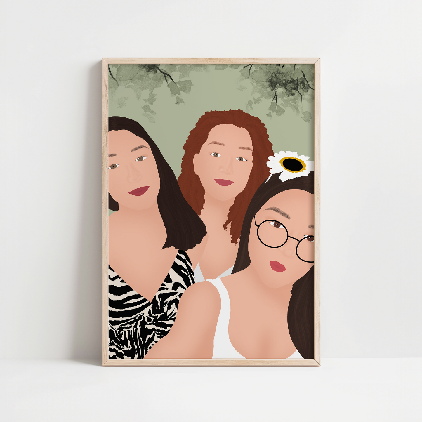 illustration personnalisée de trois amies, offerte à l'occasion de l'anniversaire de l'une d'elles.