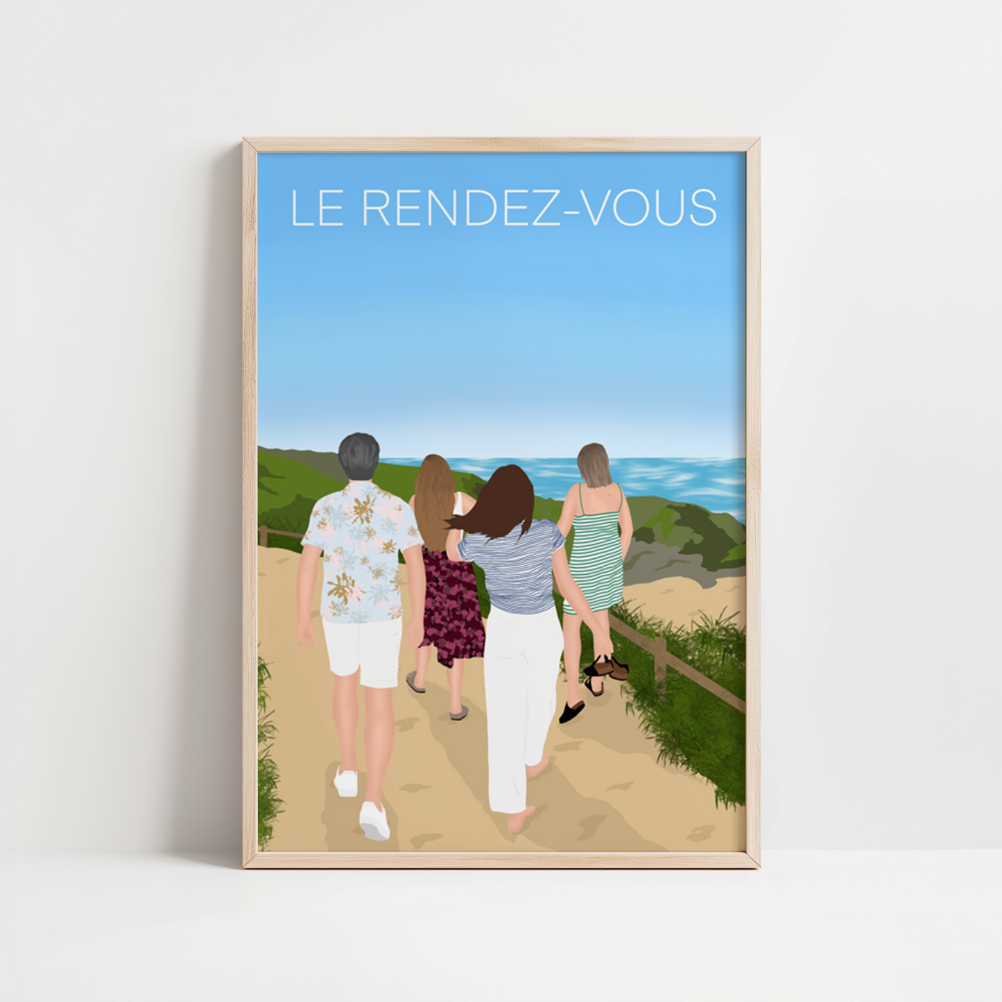 illustration personnalisée minimaliste d'une famille se promenant dans leur lieu favoris.