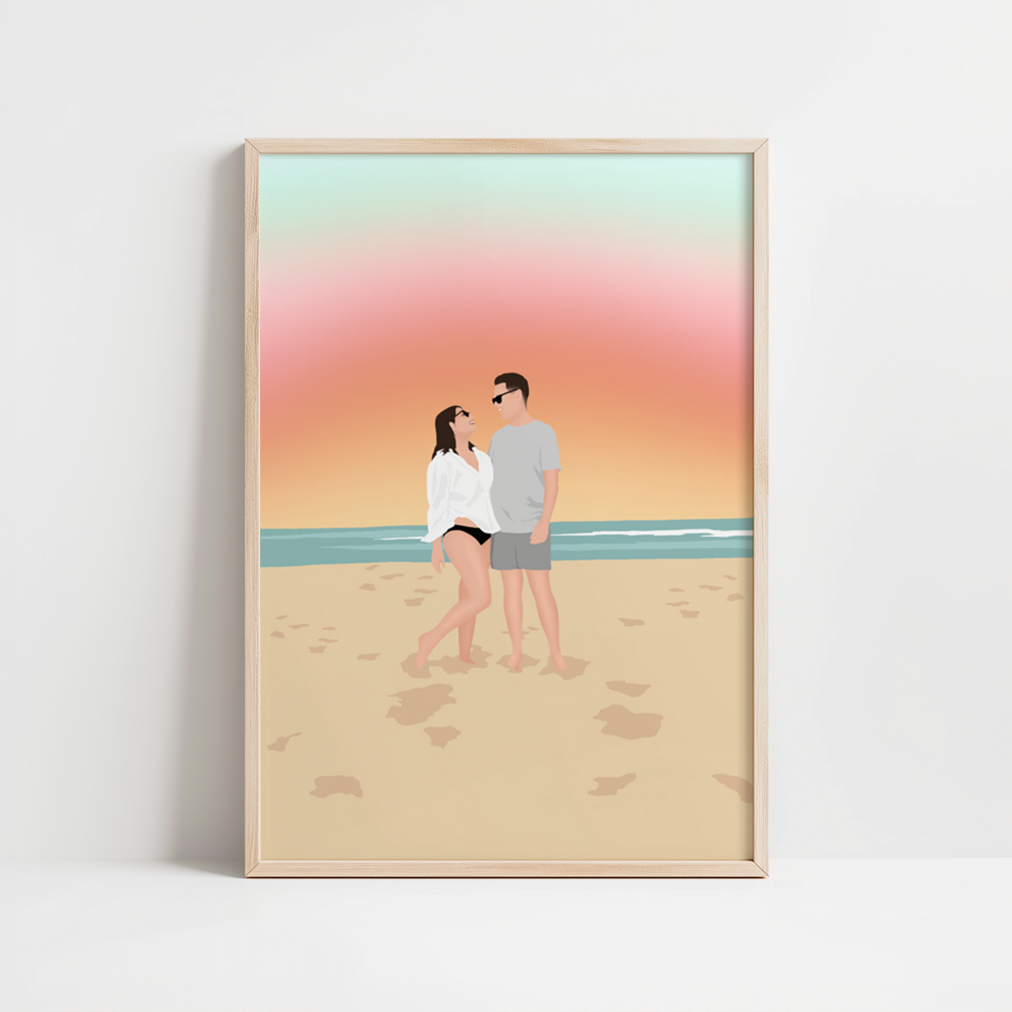 illustration personnalisée représentant un couple devant un coucher de soleil à la plage.