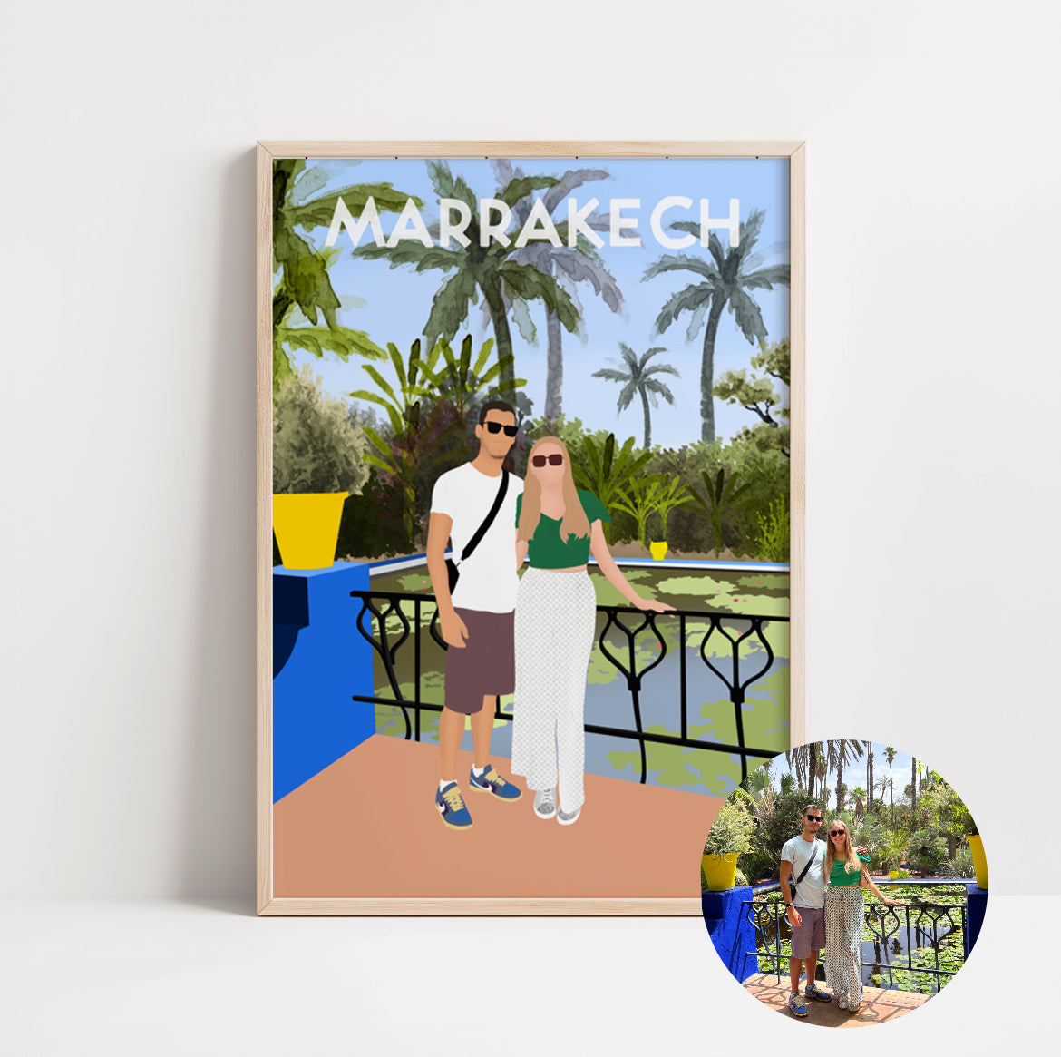 illustration personnalisée minimaliste immortalisant un jeune couple lors de leur premier voyage ensemble à Marrakech.