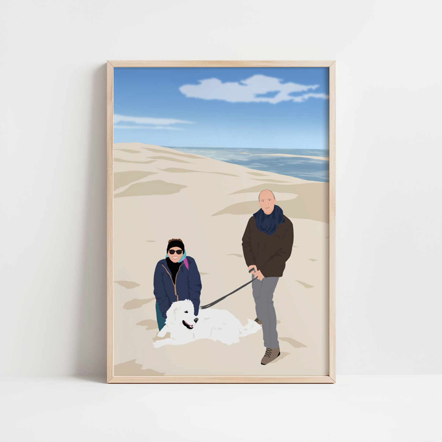 illustration personnalisée parents et chien sur la Dune du Pilat. Réalisée à l'occasion de la fête des mères.