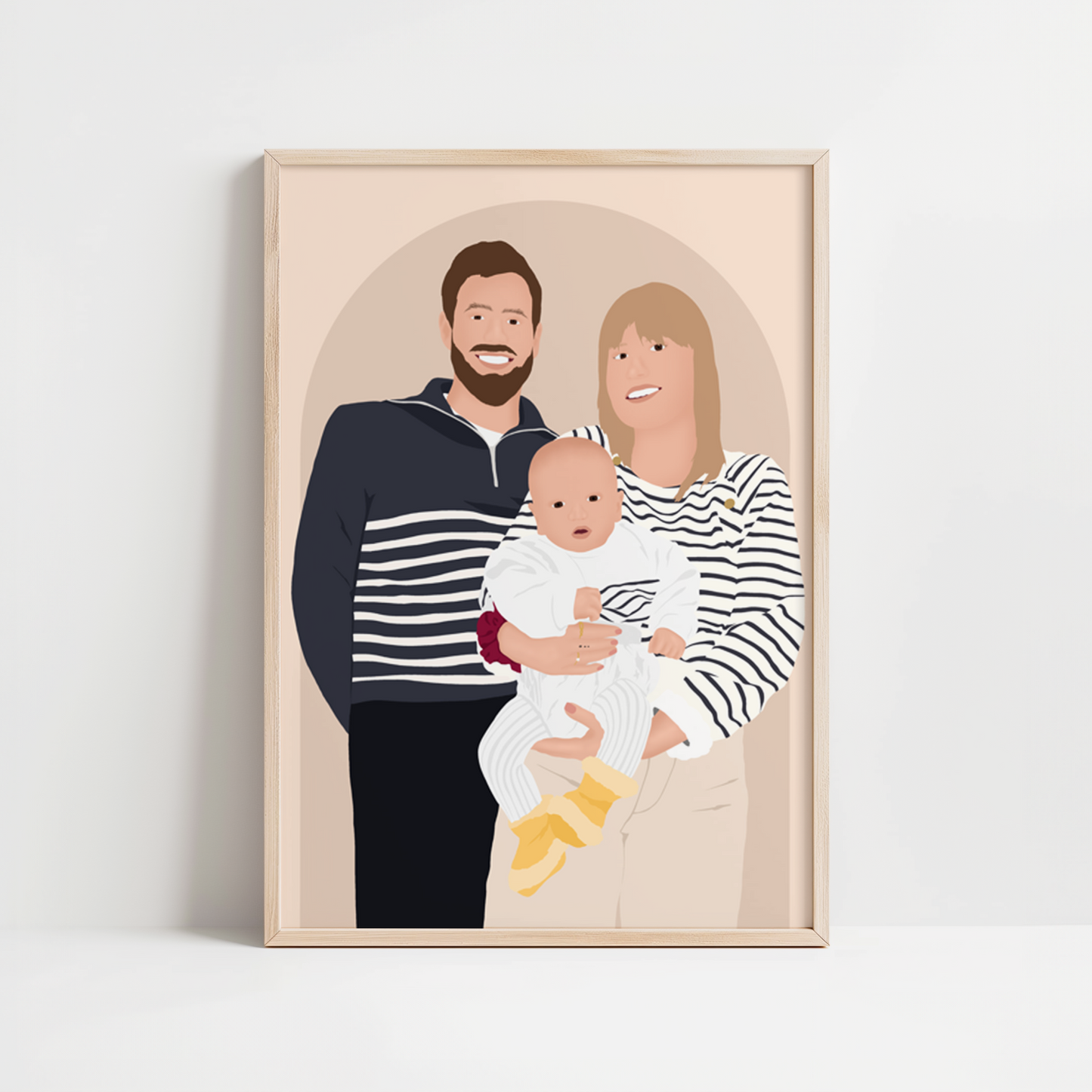 illustration personnalisée représentant des parents et leur enfant, sur fond minimaliste. Le portrait de famille idéal.