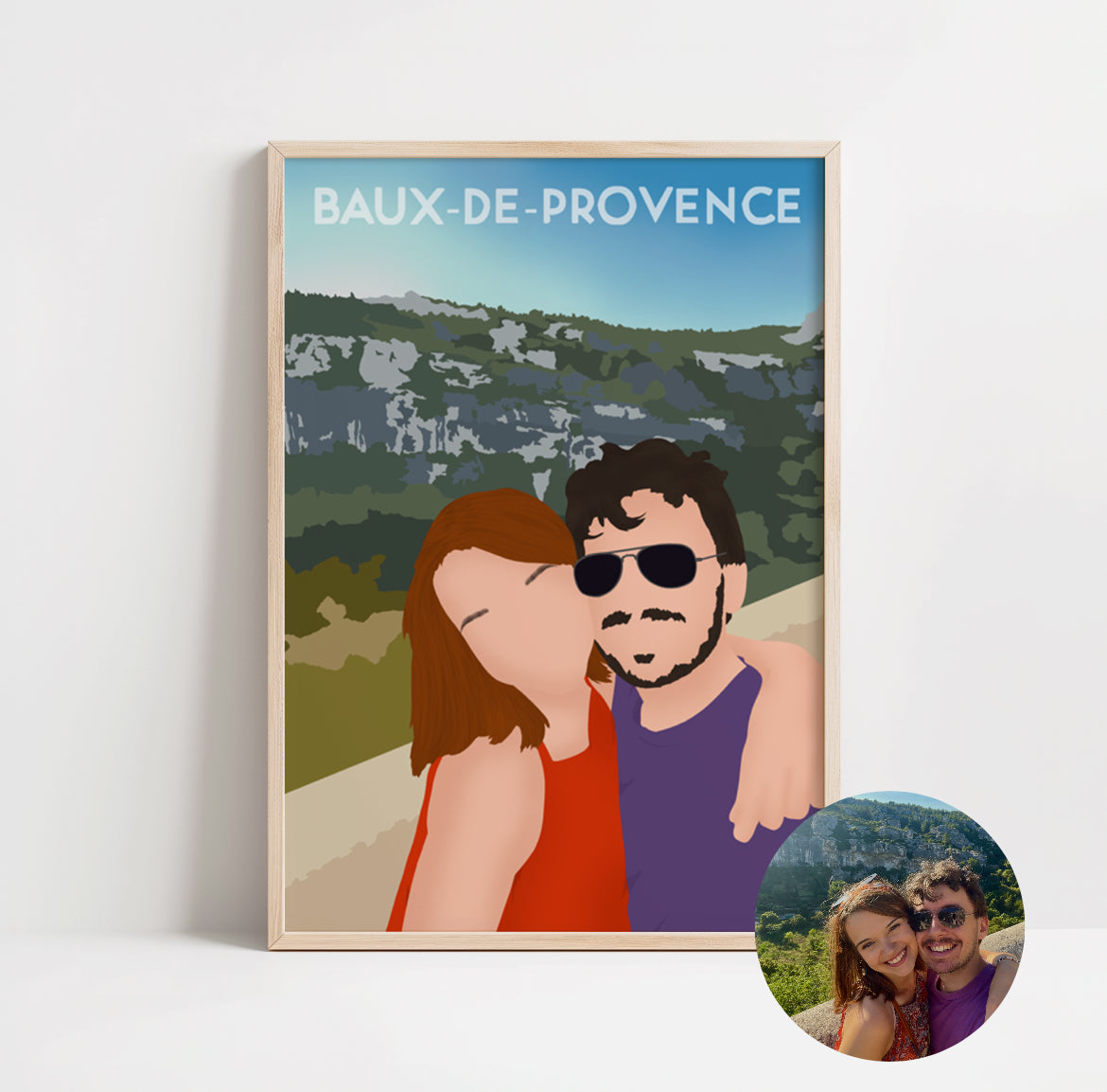 illustration personnalisée minimaliste immortalisant les vacances d'un jeune couple.