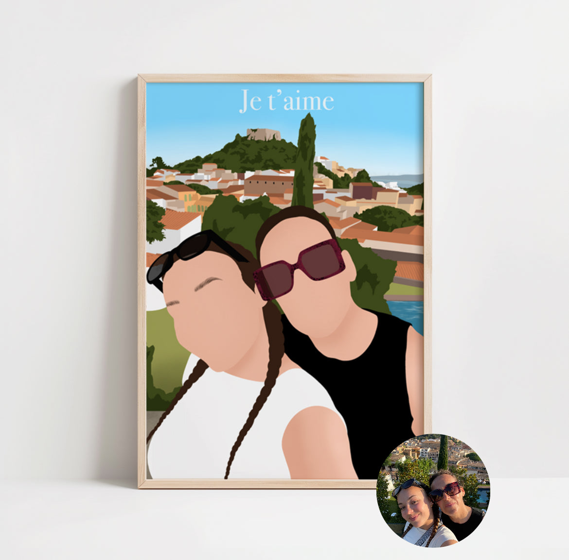illustration personnalisée minimaliste (sans visages) immortalisant les vacances d'une maman et sa fille.