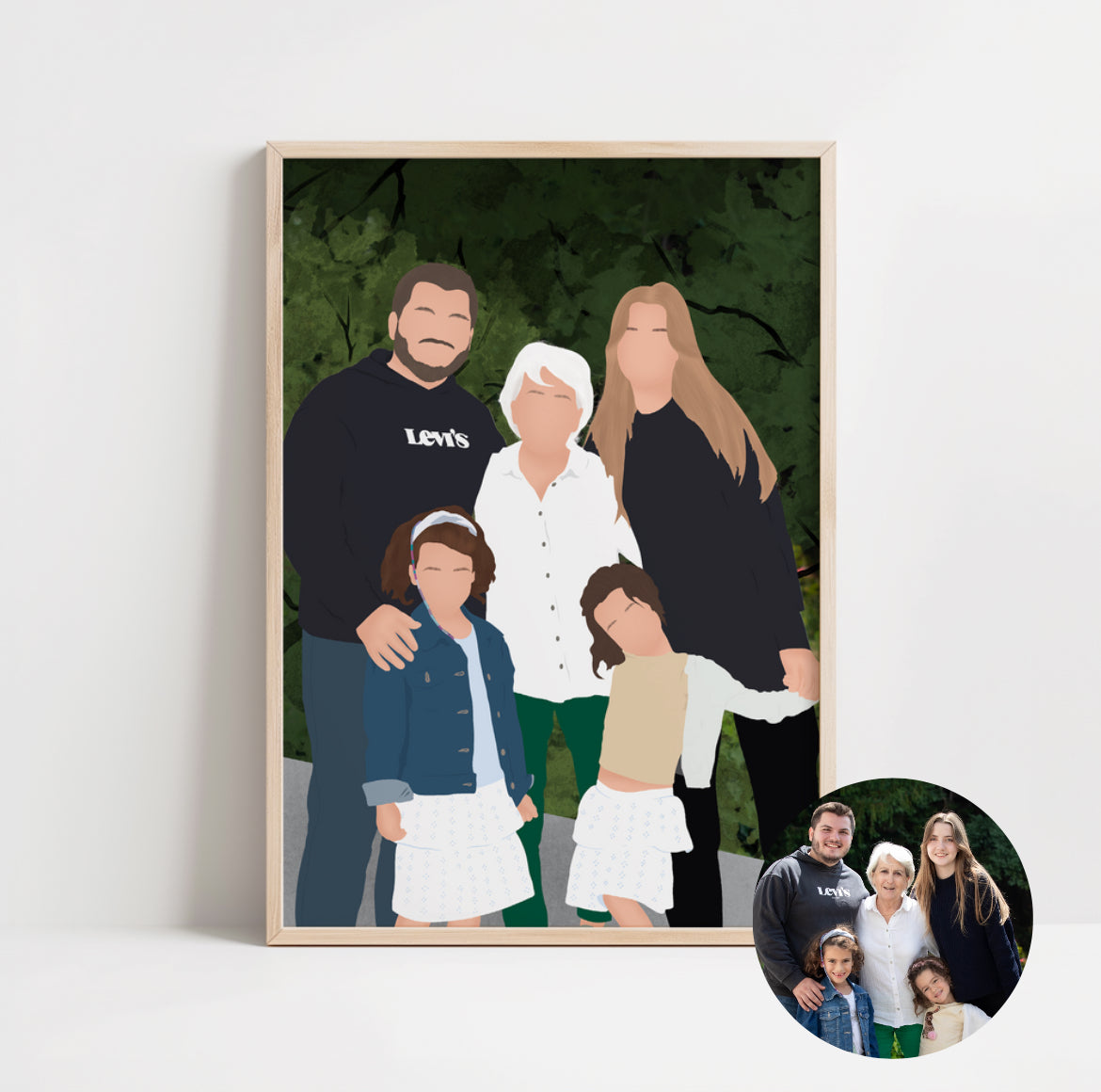 illustration personnalisée minimaliste immortalisant la relation d'une grands mère et ses petits enfants.
