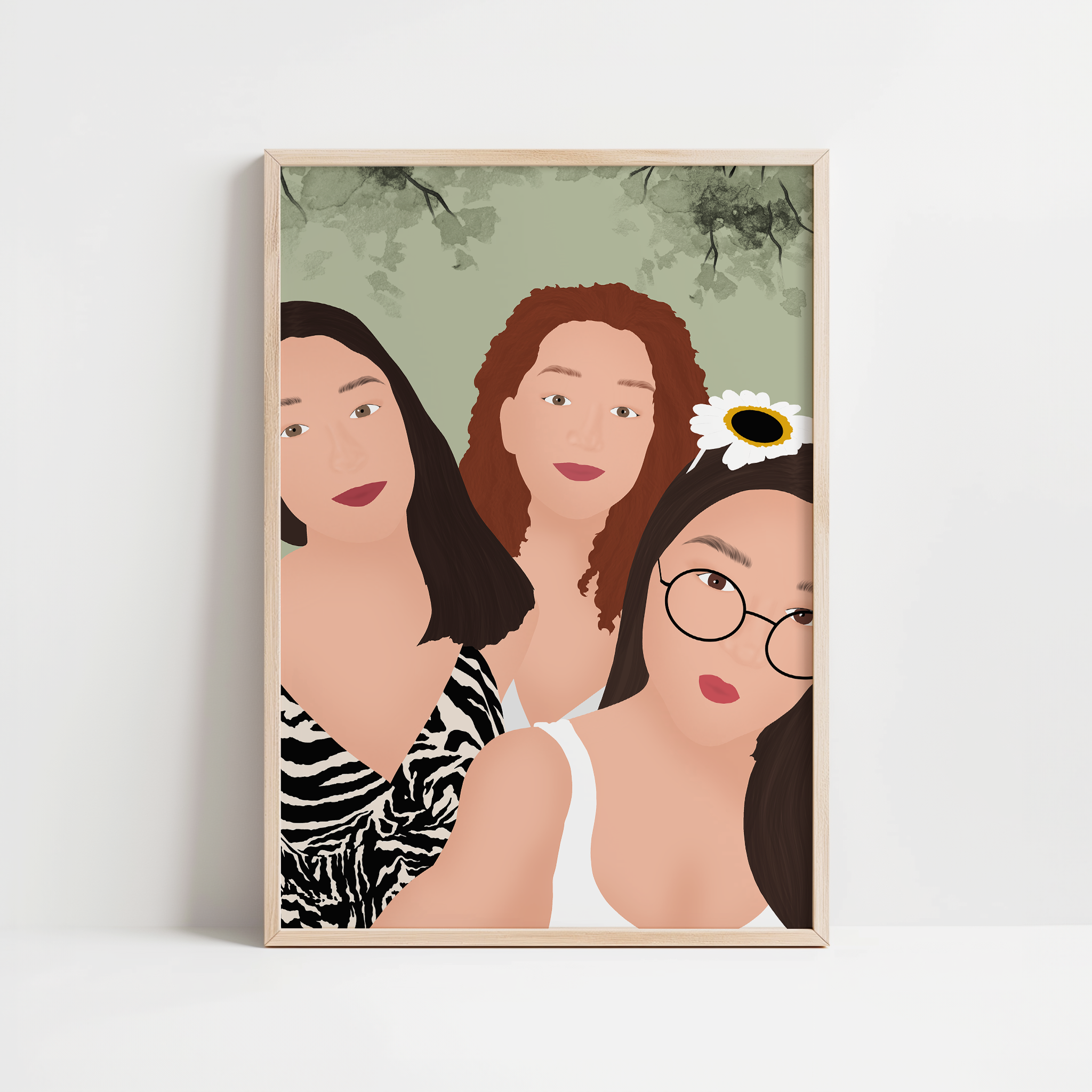 illustration personnalisée de trois amies, offerte à l'occasion de l'anniversaire de l'une d'elles.