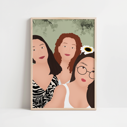 illustration personnalisée de trois amies, offerte à l'occasion de l'anniversaire de l'une d'elles.