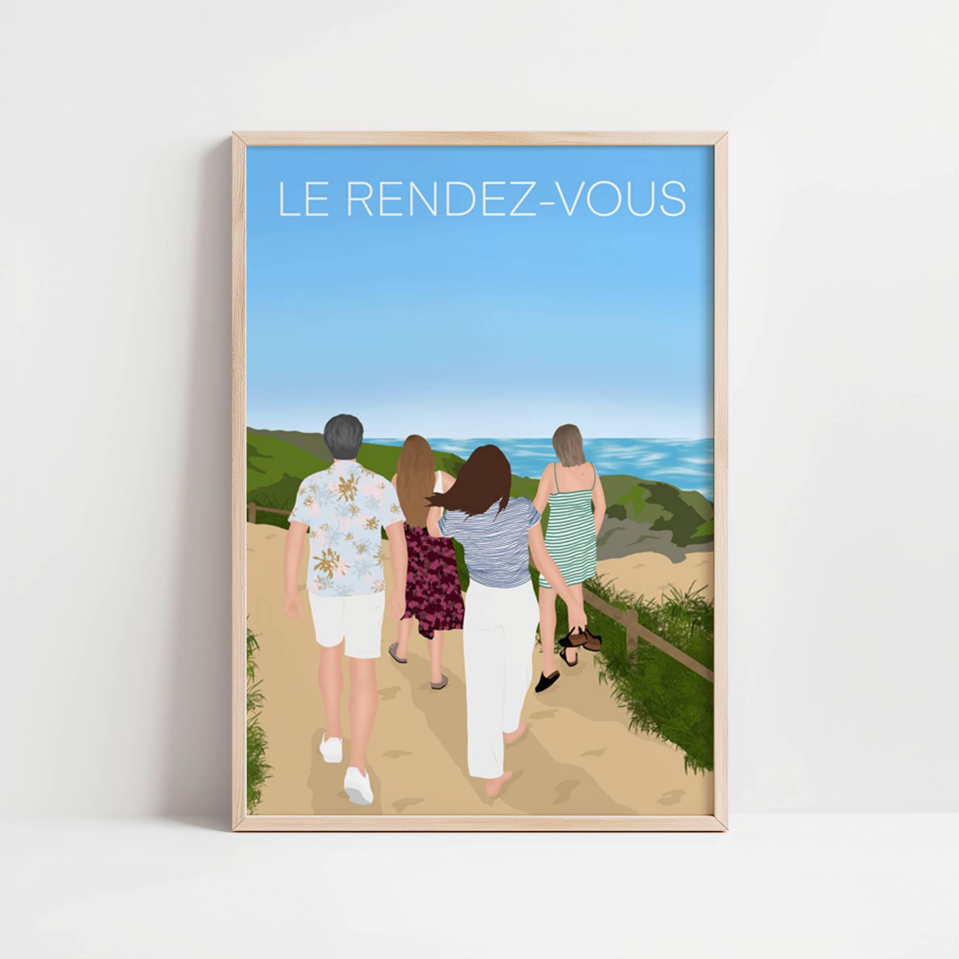 illustration personnalisée minimaliste d'une famille se promenant dans leur lieu favoris.