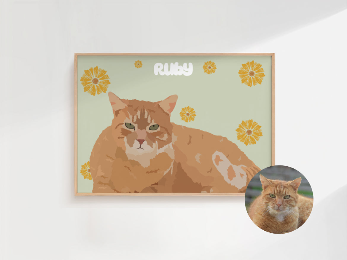 illustration personnalisée représentant Ruby, un magnifique chat roux. Un beau cadeau offert à son maître pour son anniversaire.