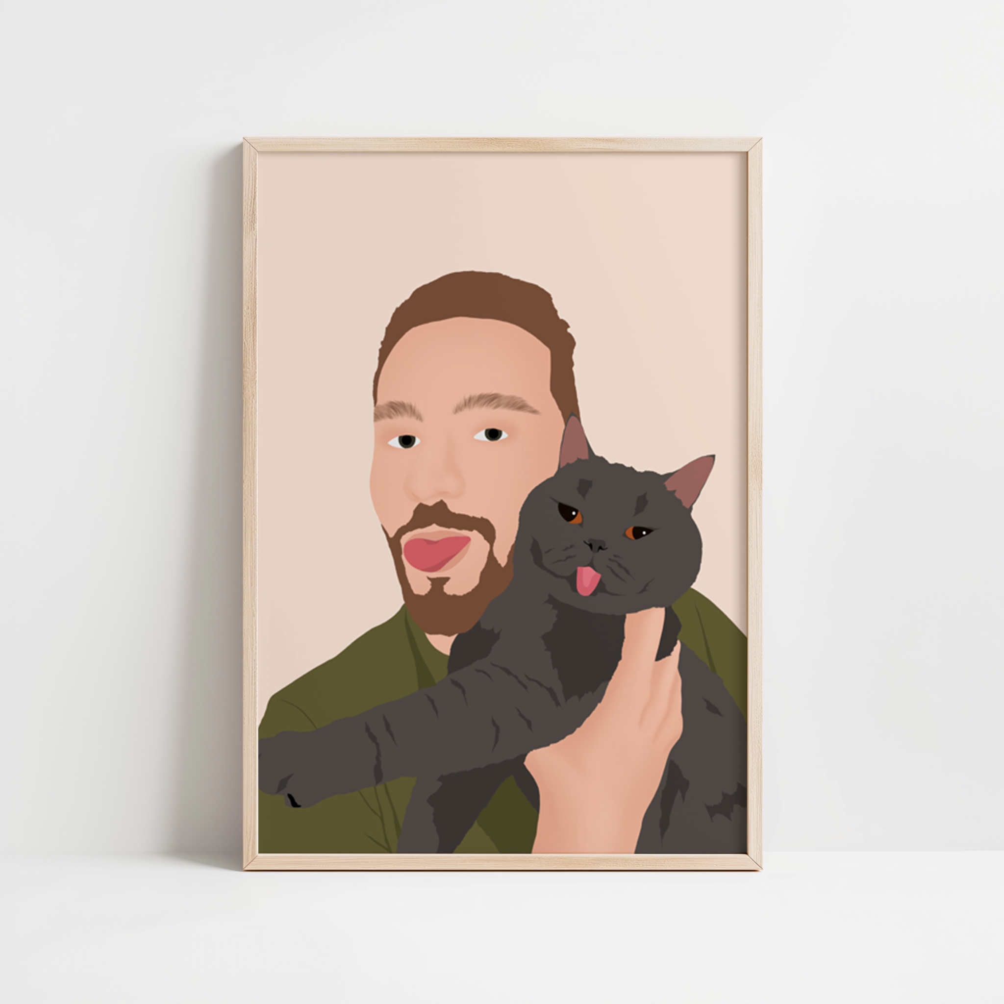 illustration personnalisée d'un chat et son maître tirant la langue sur un selfie ensemble.