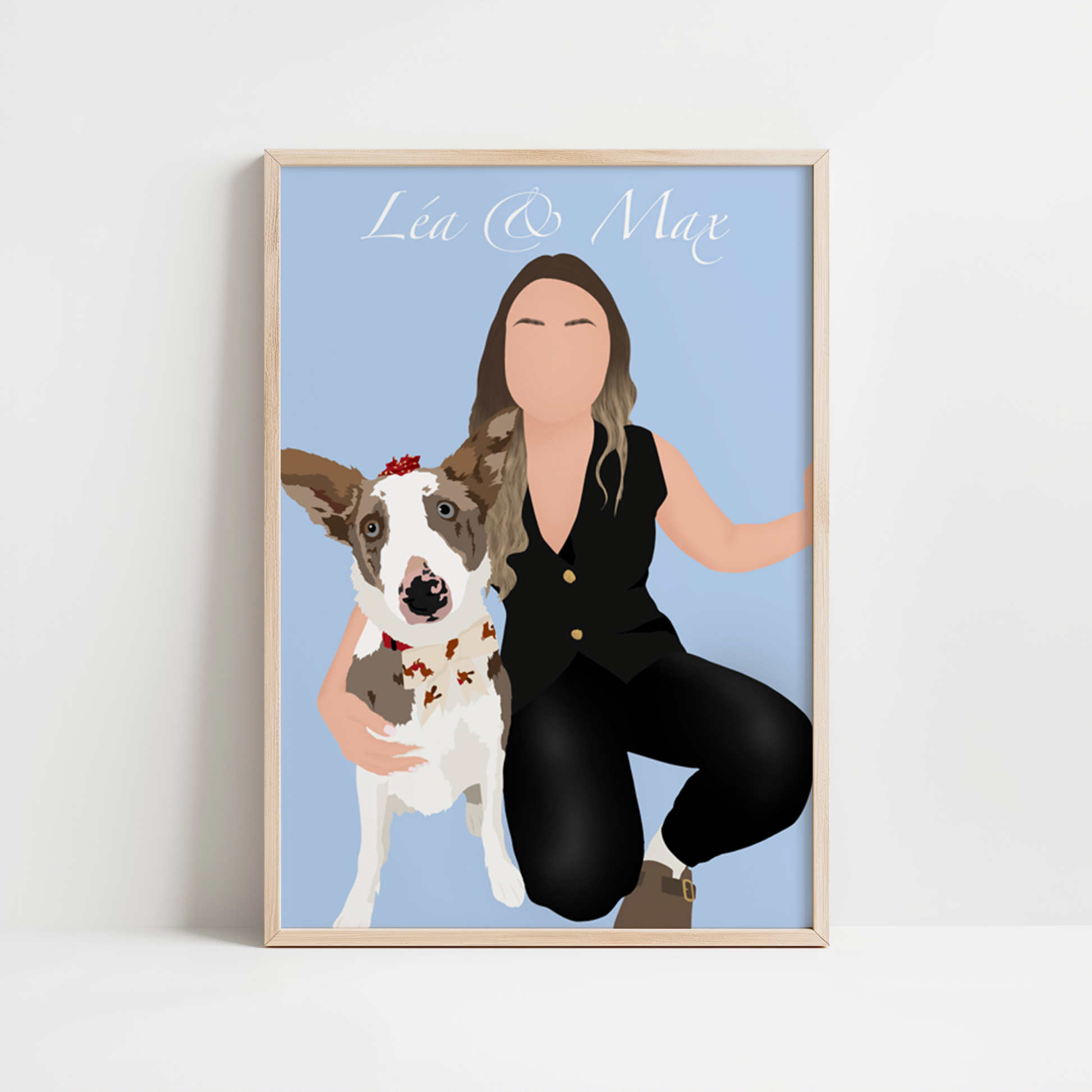 illustration personnalisée minimaliste sans visage immortalisant la relation unique entre Léa, et son chien Max.