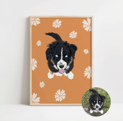 illustration personnalisée d'un chien entouré de fleurs.