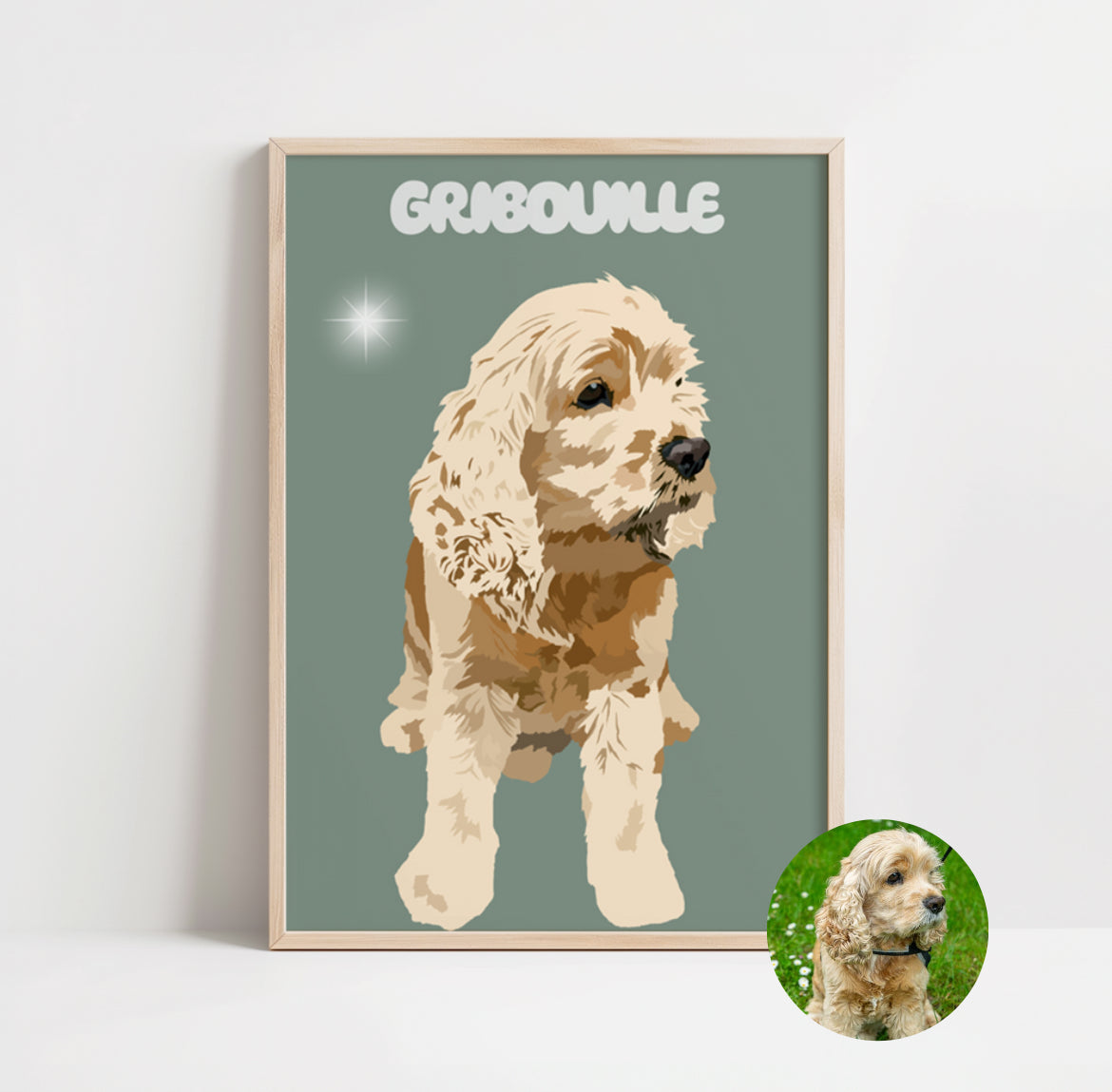 illustration personnalisée représentant Gribouille, un chien tant aimé parti trop tôt... Un très bel hommage en son honneur.