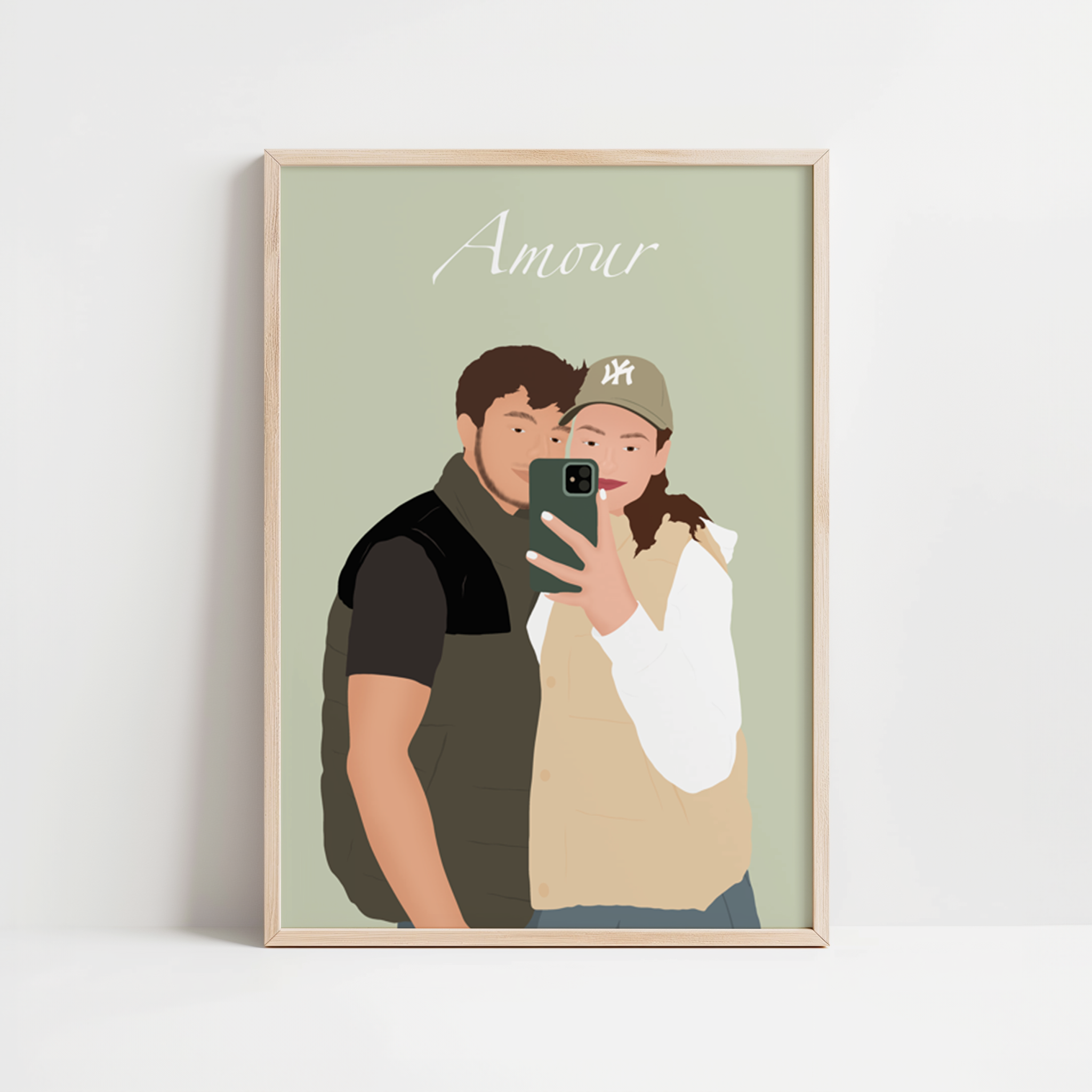 illustration personnalisée représentant un couple prenant une photo dans un miroir, sur fond uni.