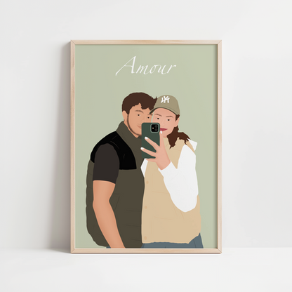 illustration personnalisée représentant un couple prenant une photo dans un miroir, sur fond uni.