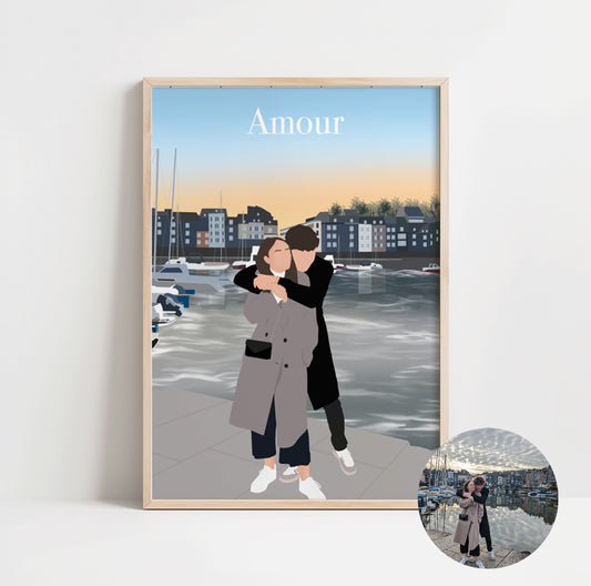 illustration personnalisée minimaliste d'un jeune couple amoureux en vacance, devant un très joli paysage.