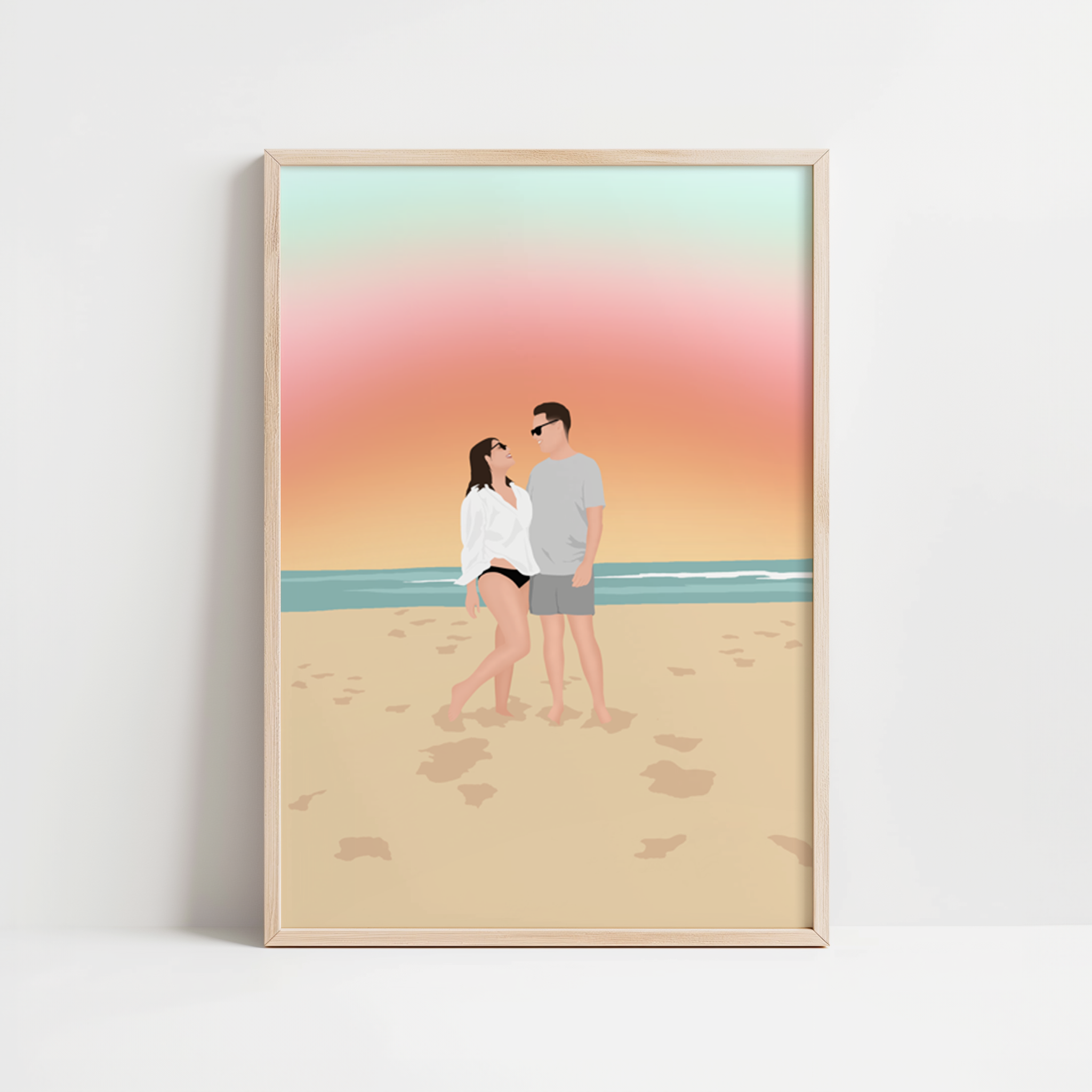 illustration personnalisée représentant un couple devant un coucher de soleil à la plage.