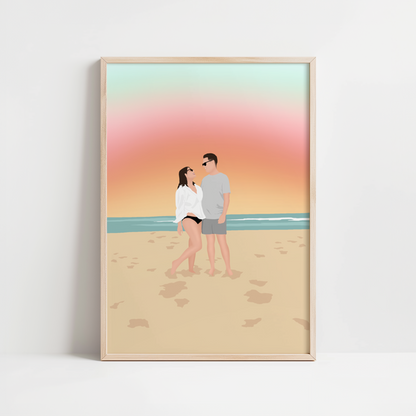 illustration personnalisée représentant un couple devant un coucher de soleil à la plage.