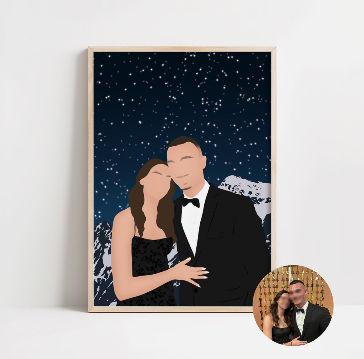 illustration personnalisée minimaliste d'un jeune couple. A leur demande, nous avons créé un magnifique ciel étoilé surplombant les montagnes, pour un univers unique et propre à eux.