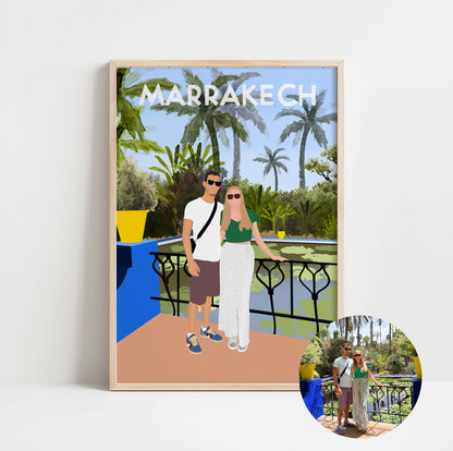 illustration personnalisée minimaliste immortalisant un jeune couple lors de leur premier voyage ensemble à Marrakech.