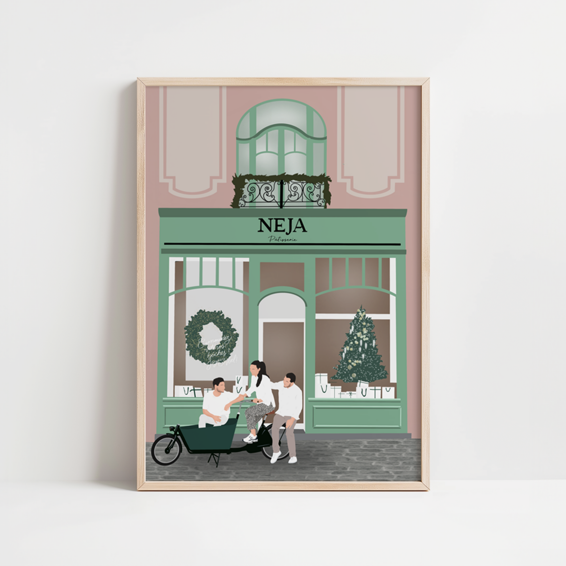 illustration personnalisée minimaliste représentant 3 entrepreneurs devant leur boutique lors de son ouverture. 
