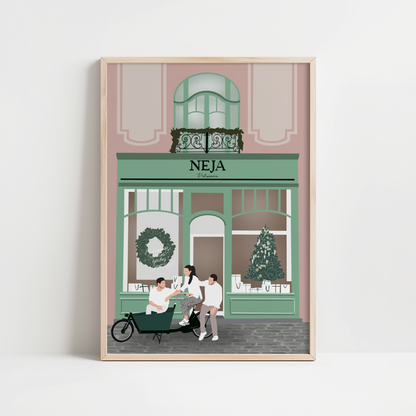 illustration personnalisée minimaliste représentant 3 entrepreneurs devant leur boutique lors de son ouverture. 