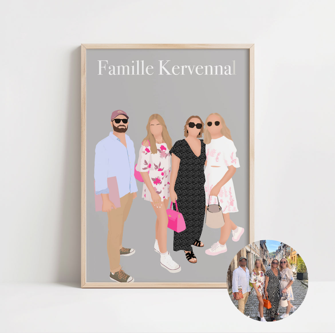 illustration personnalisée minimaliste d'une famille sur fond uni. Le portrait de famille unique et original.