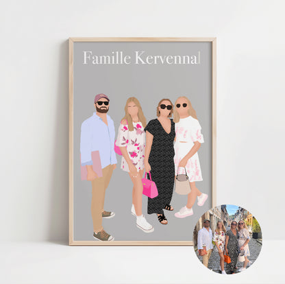 illustration personnalisée minimaliste d'une famille sur fond uni. Le portrait de famille unique et original.