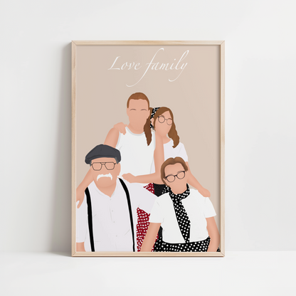 illustration personnalisée minimaliste immortalisant la relation entre des grands parents et leurs petits enfants. 