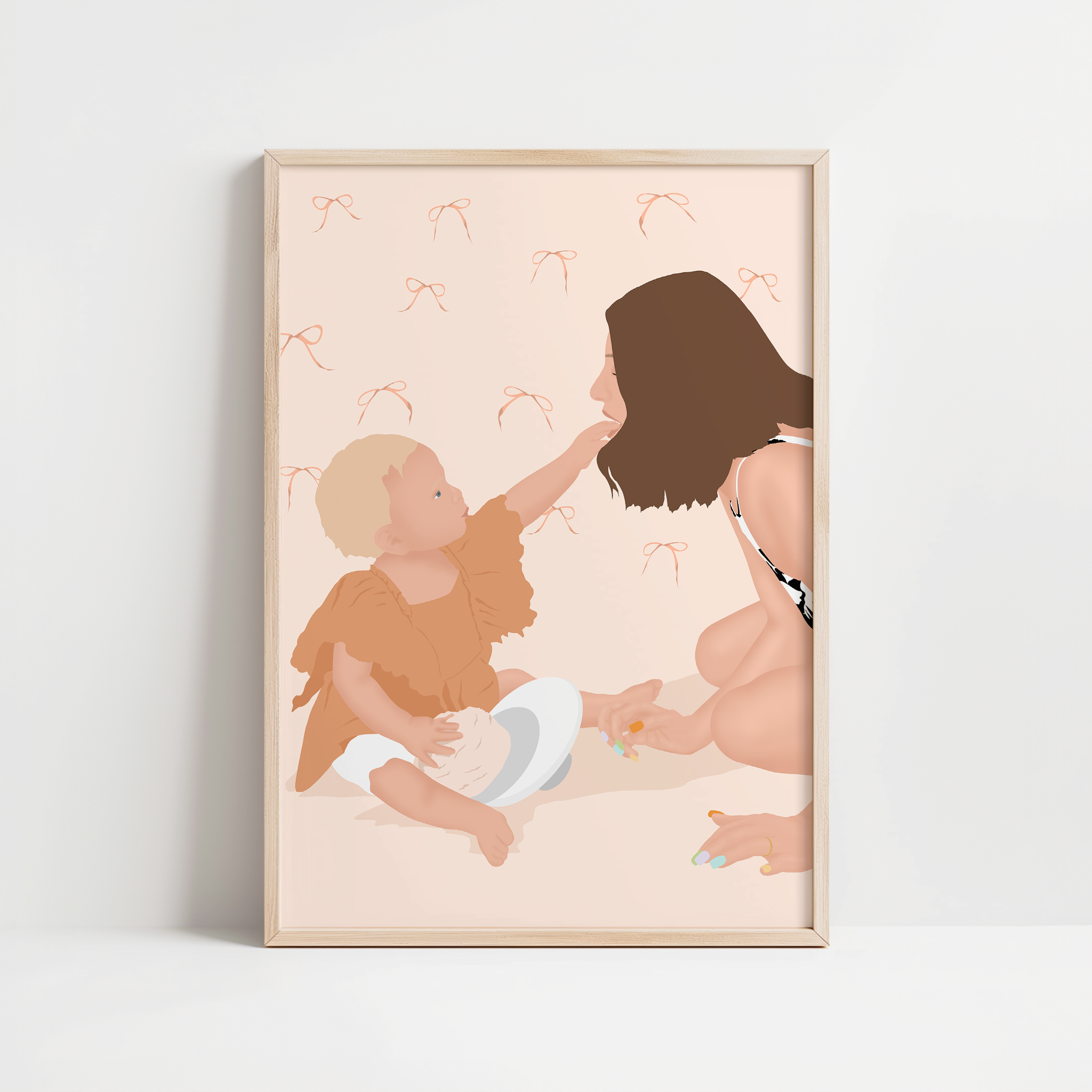 illustration personnalisée d'un moment mère fille sur fond minimaliste 