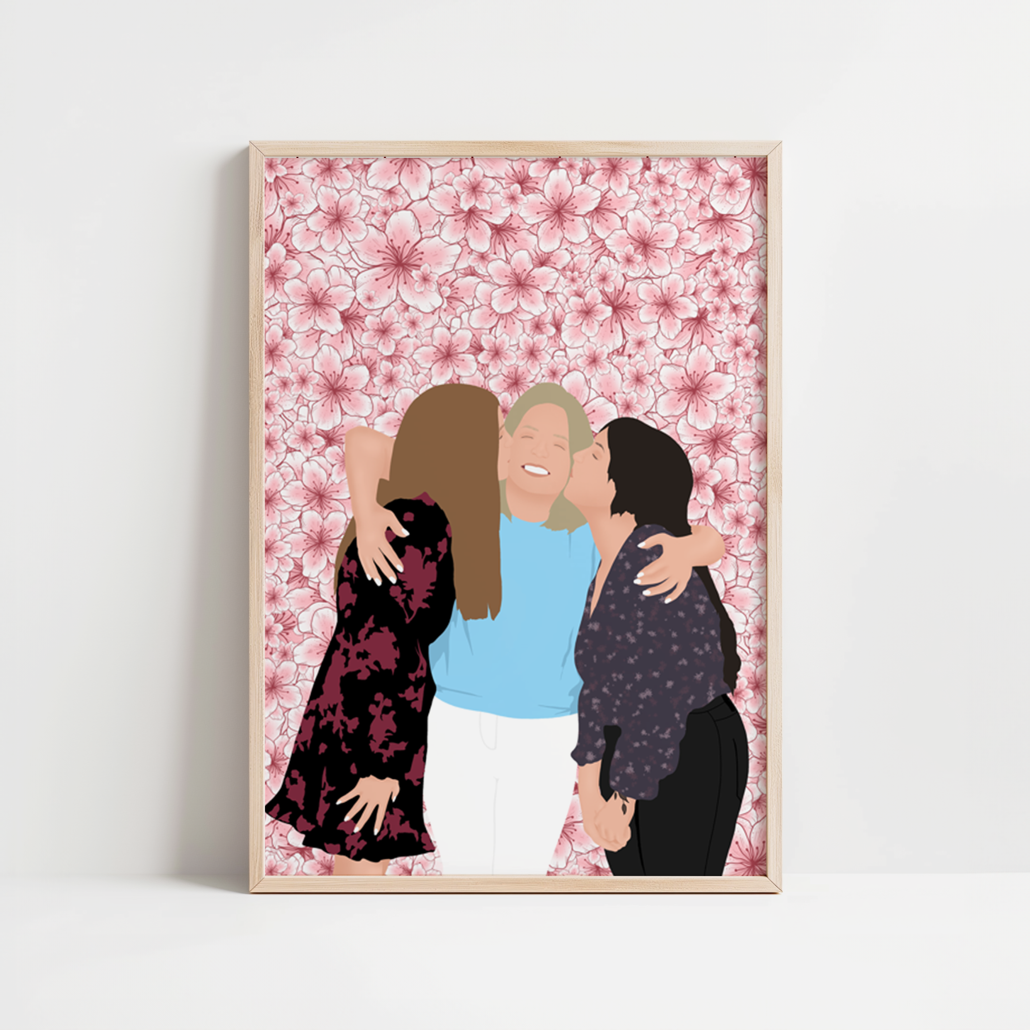 illustration personnalisée d'une mère et ses filles sur un fond de fleurs sakura.