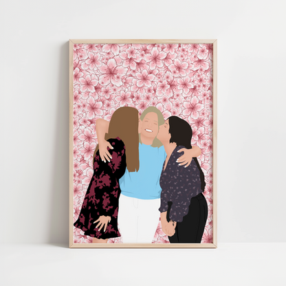 illustration personnalisée d'une mère et ses filles sur un fond de fleurs sakura.