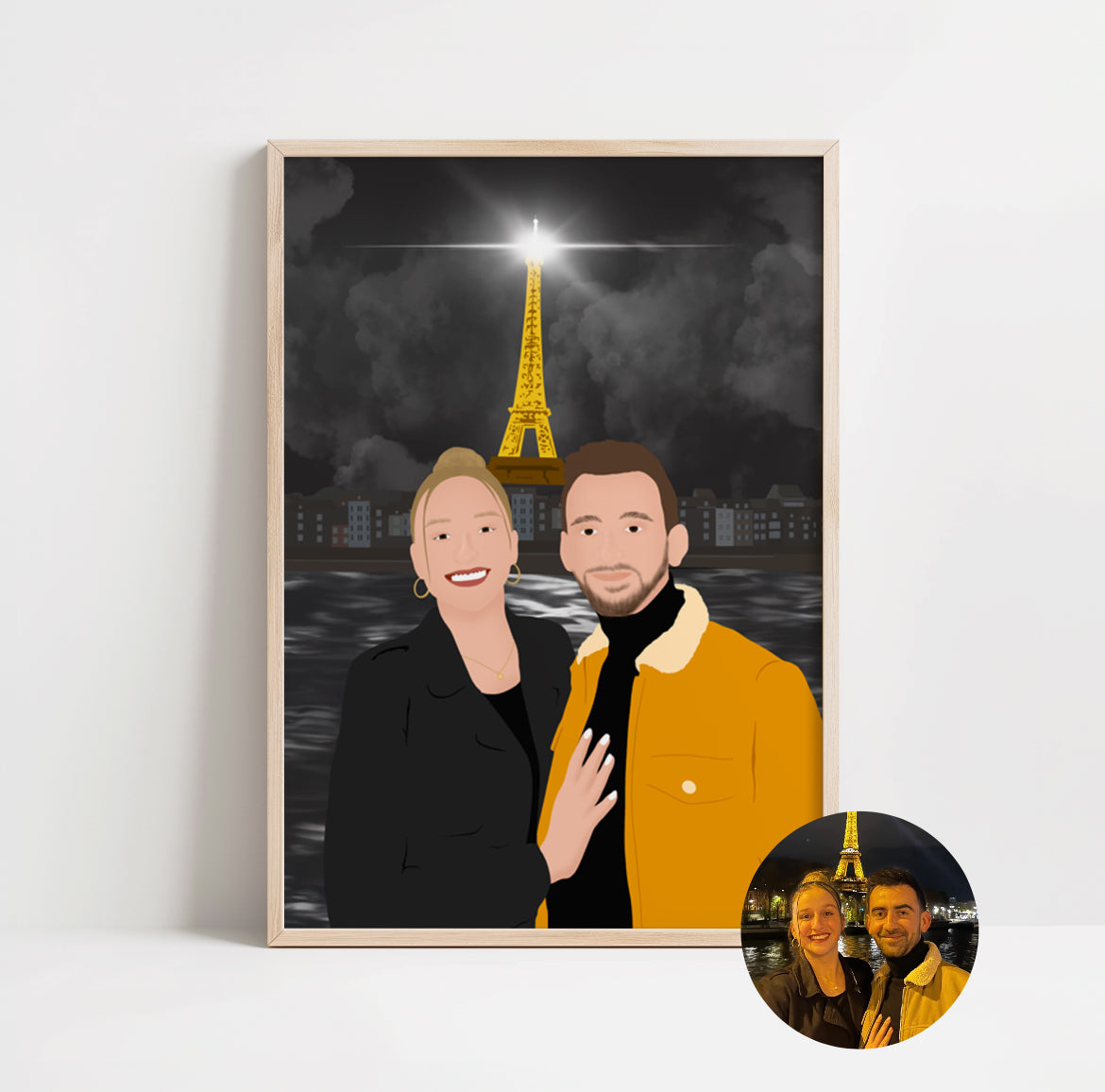 illustration personnalisée d'un couple à Paris lors d'une balade nocturne dans la ville de l'Amour.