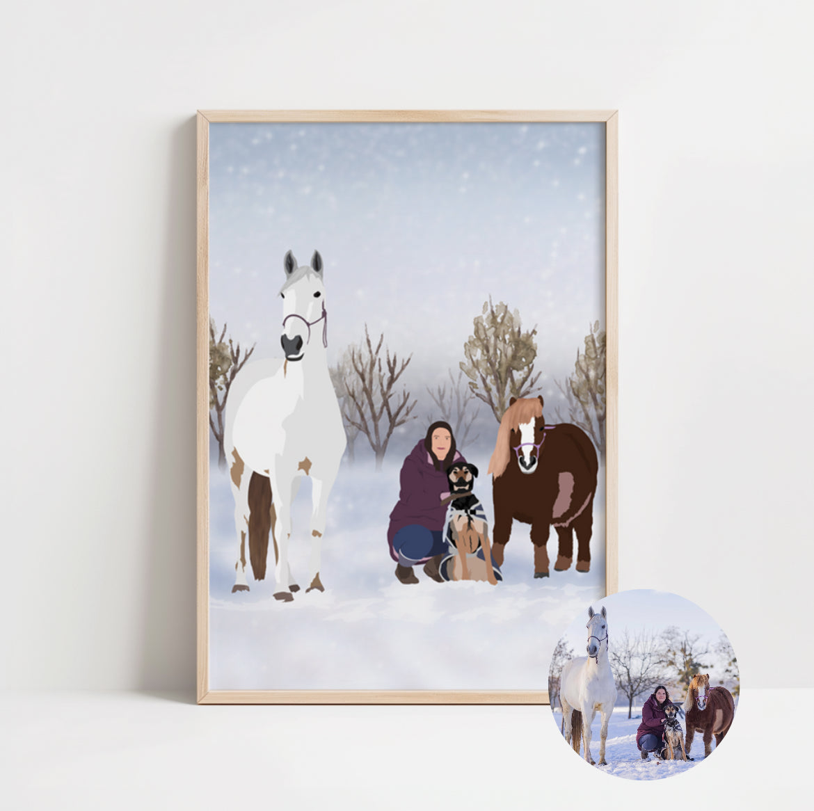 illustration personnalisée avec paysage enneigé, avec chevaux et chien.