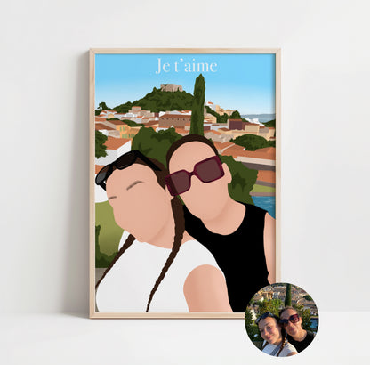 illustration personnalisée minimaliste (sans visages) immortalisant les vacances d'une maman et sa fille.