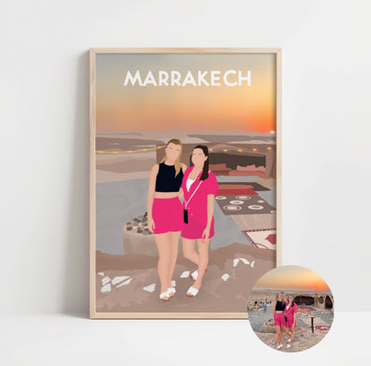 illustration personnalisée de deux amies en voyage, style minimaliste sans visage, à Marrakech. Un souvenir idéal pour ce genre de moments uniques.