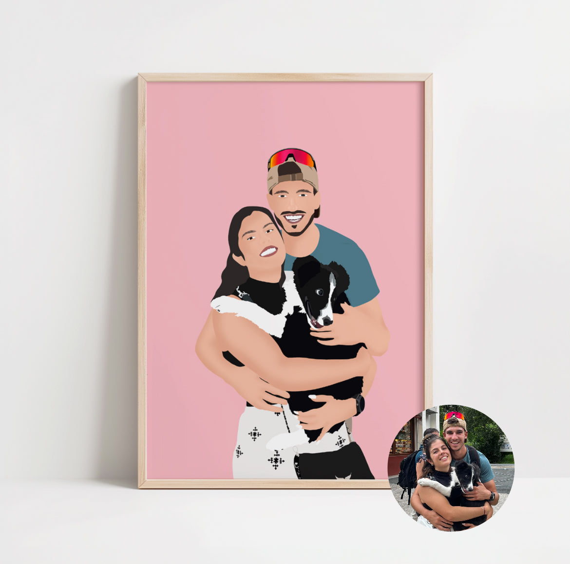 illustration personnalisée d'un couple et leur chien sur fond uni