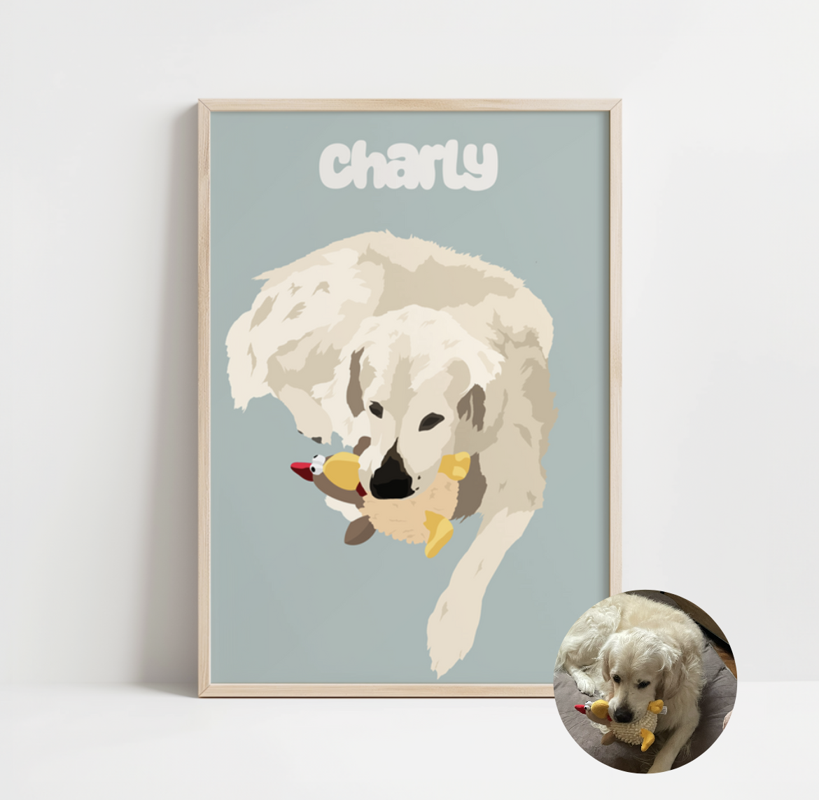 illustration personnalisée représentant Charly et son doudou. Un joli cadeau offert à son maître.