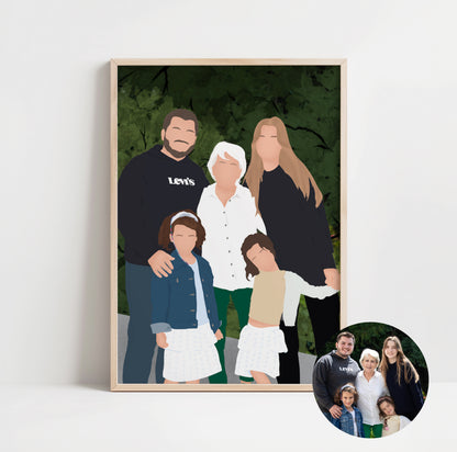 illustration personnalisée minimaliste immortalisant la relation d'une grands mère et ses petits enfants.
