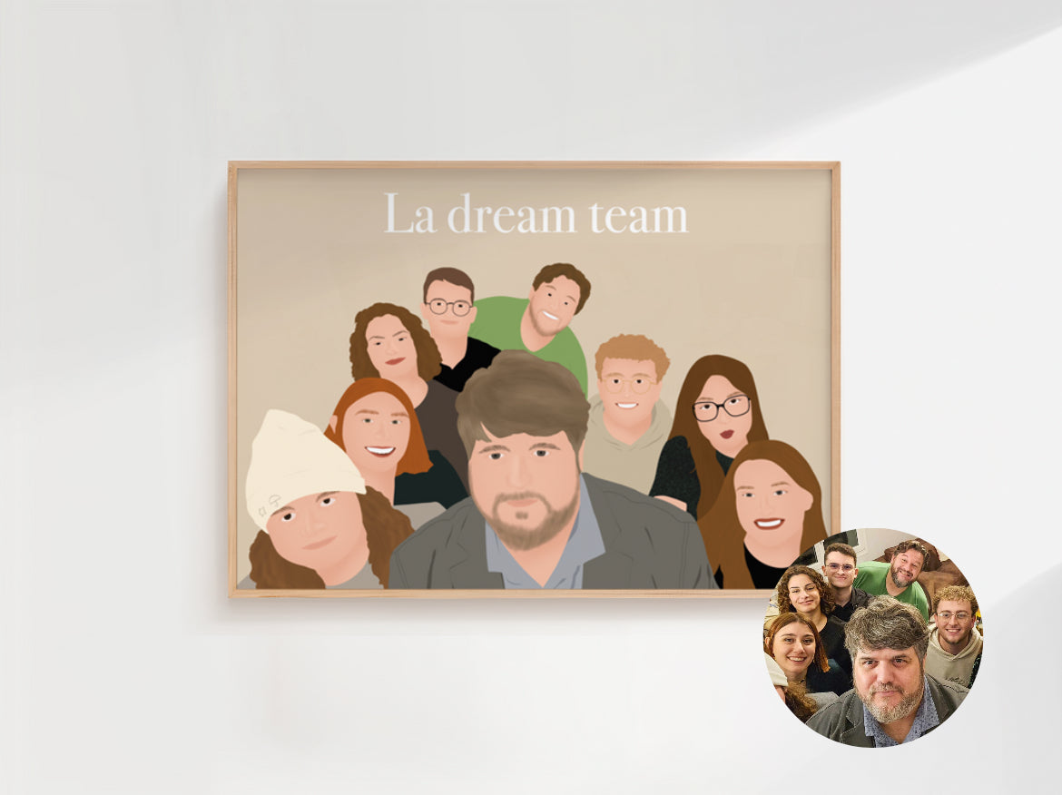 illustration personnalisée famille et amis sur fond uni.