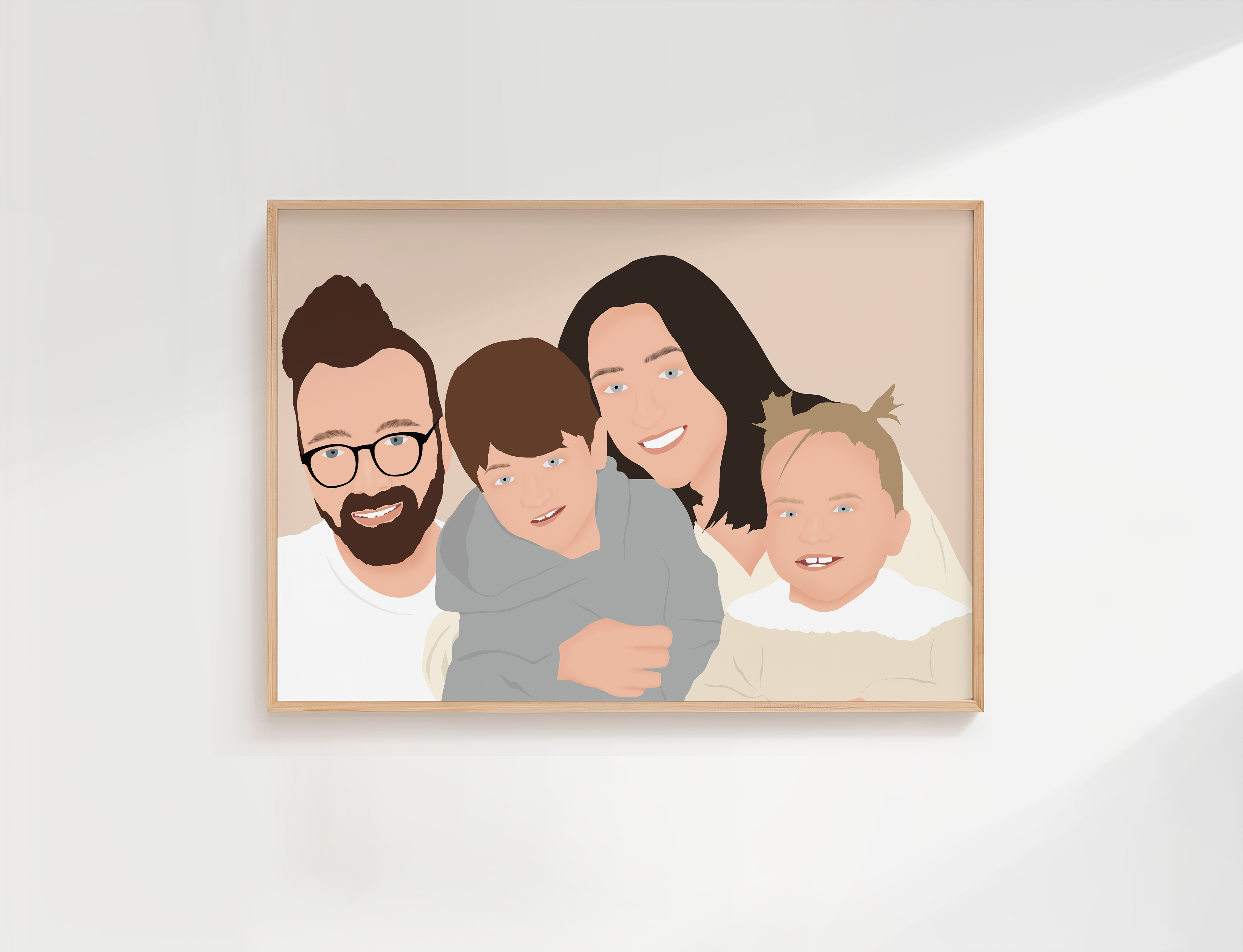 illustration personnalisée  d'un couple et ses enfants. Portrait de famille sur fond minimaliste.