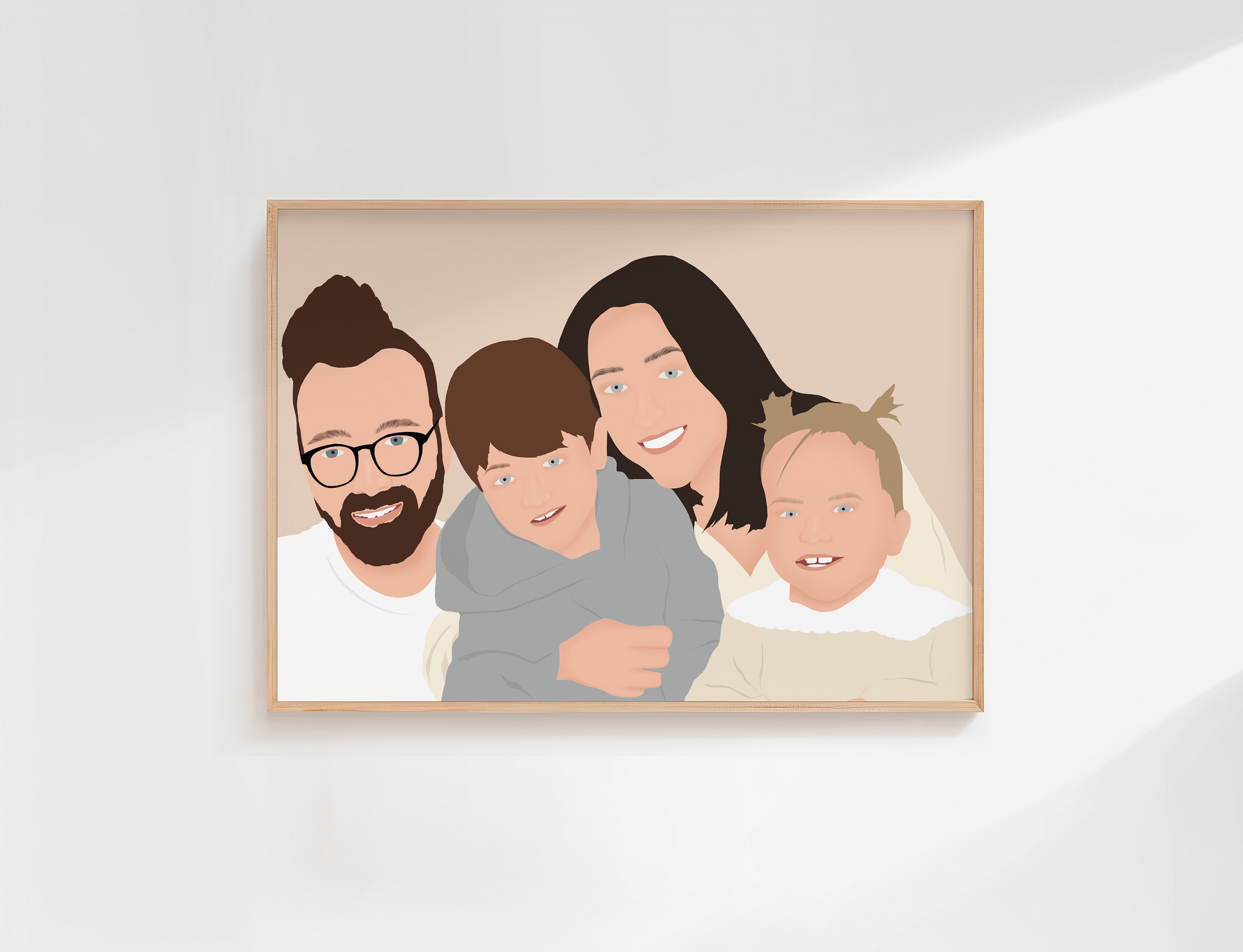 illustration personnalisée  d'un couple et ses enfants. Portrait de famille sur fond minimaliste.